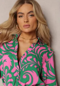 Zielono-Fuksjowa Sukienka Koszulowa Maxi z Materiałowym Paskiem w Abstrakcyjny Print Lirans