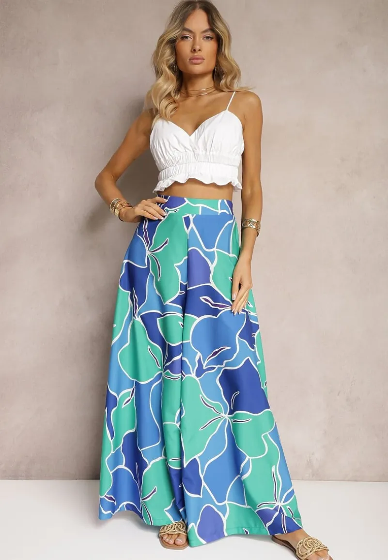 Zielono-Niebieskie Spodnie z Wiskozy z Szerokimi Nogawkami oraz Elastyczną Gumką w Talii i Suwakiem Etanea