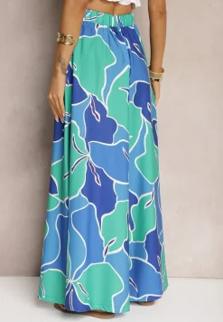 Zielono-Niebieskie Spodnie z Wiskozy z Szerokimi Nogawkami oraz Elastyczną Gumką w Talii i Suwakiem Etanea