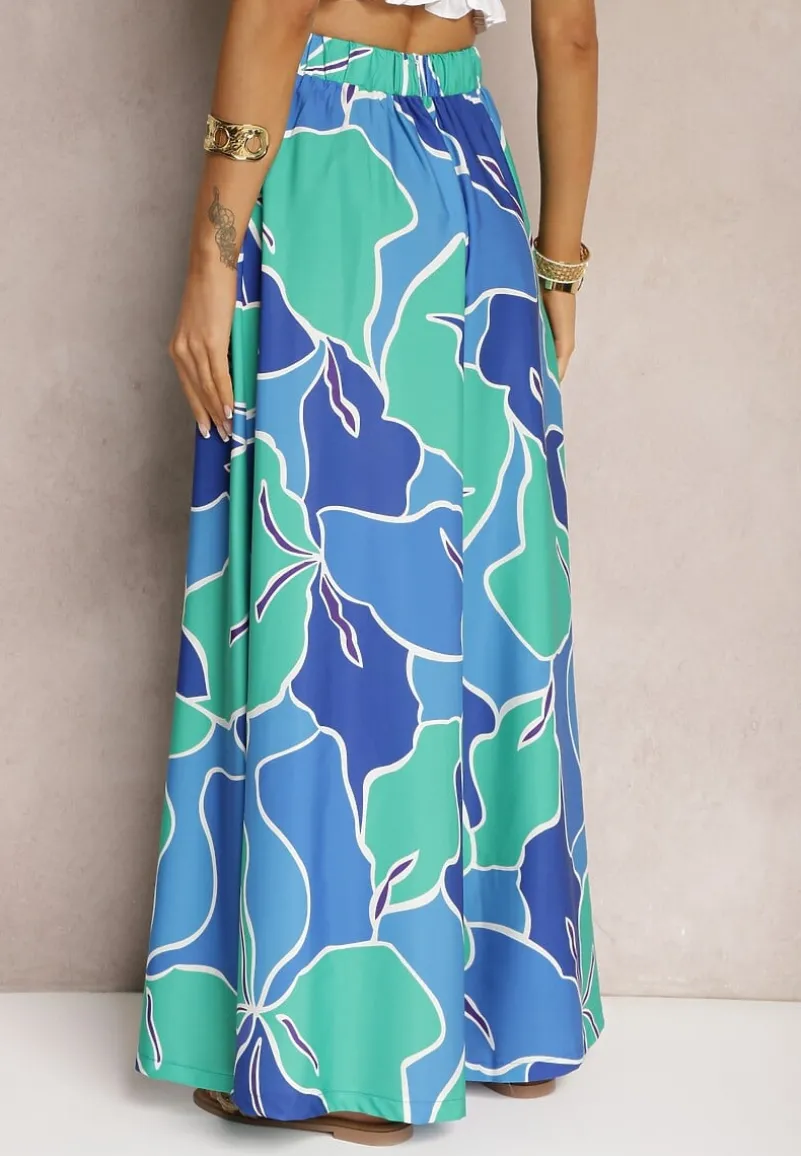 Zielono-Niebieskie Spodnie z Wiskozy z Szerokimi Nogawkami oraz Elastyczną Gumką w Talii i Suwakiem Etanea