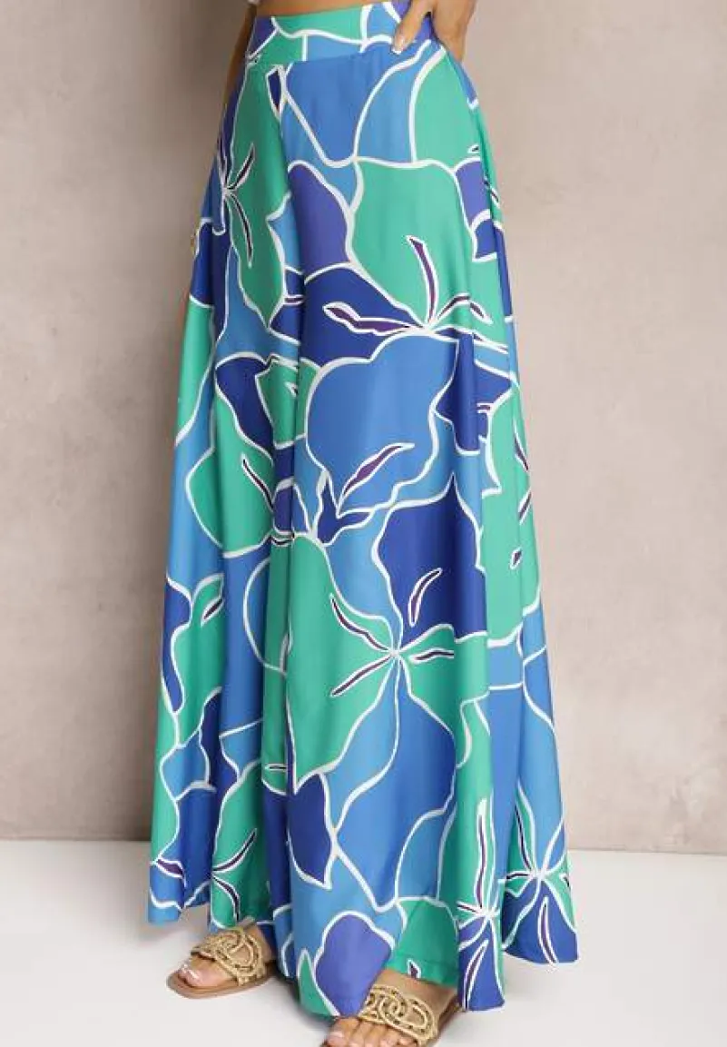 Zielono-Niebieskie Spodnie z Wiskozy z Szerokimi Nogawkami oraz Elastyczną Gumką w Talii i Suwakiem Etanea