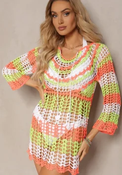 Zielono-Pomarańczowa Tunika Plażowa z Szydełkowej Bawełny Tiamoon