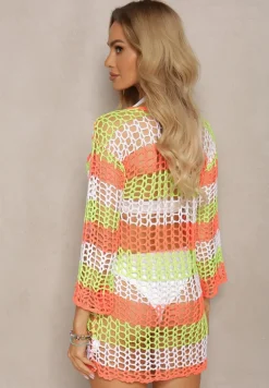 Zielono-Pomarańczowa Tunika Plażowa z Szydełkowej Bawełny Tiamoon