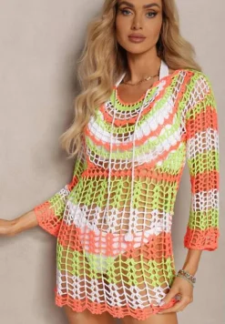 Zielono-Pomarańczowa Tunika Plażowa z Szydełkowej Bawełny Tiamoon