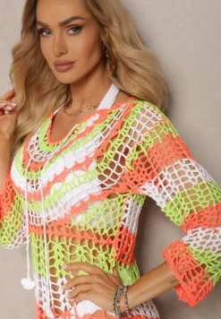 Zielono-Pomarańczowa Tunika Plażowa z Szydełkowej Bawełny Tiamoon