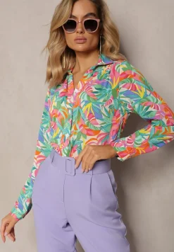 Zielono-Różowa Koszula o Klasycznym Kroju we Florystyczny Print Ationama