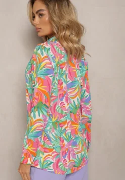 Zielono-Różowa Koszula o Klasycznym Kroju we Florystyczny Print Ationama