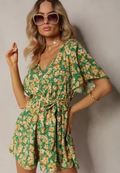 Zielono-Żółty Kombinezon w Kwiaty z Krótkim Rękawem z Gumką w Talii i Paskiem Biacelia