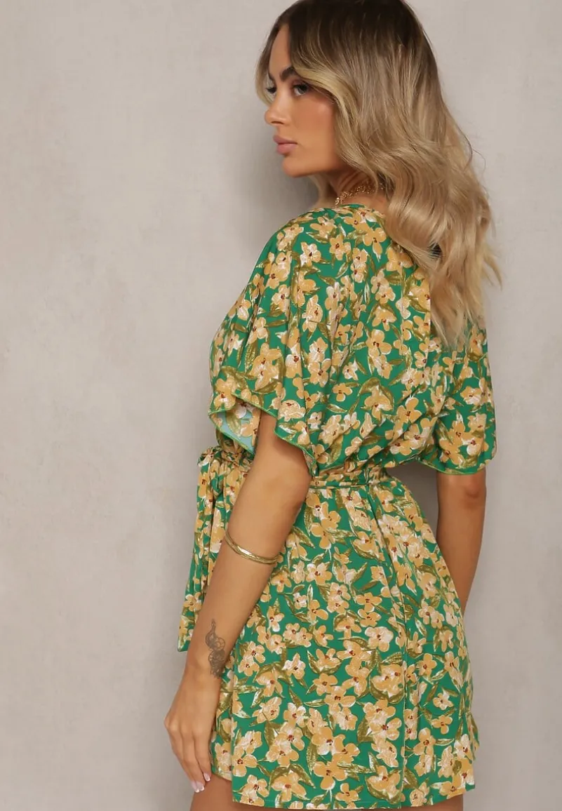 Zielono-Żółty Kombinezon w Kwiaty z Krótkim Rękawem z Gumką w Talii i Paskiem Biacelia
