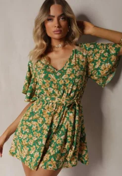Zielono-Żółty Kombinezon w Kwiaty z Krótkim Rękawem z Gumką w Talii i Paskiem Biacelia