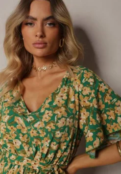 Zielono-Żółty Kombinezon w Kwiaty z Krótkim Rękawem z Gumką w Talii i Paskiem Biacelia