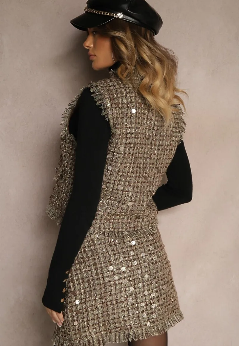 Zielono-Złota Kamizelka Garniturowa z Wełną Frędzlami i Cekinami Lesaltia