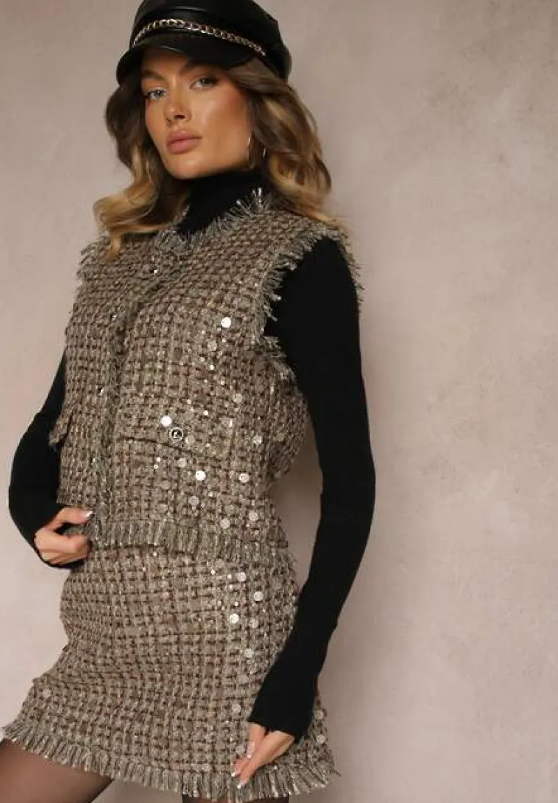 Zielono-Złota Kamizelka Garniturowa z Wełną Frędzlami i Cekinami Lesaltia