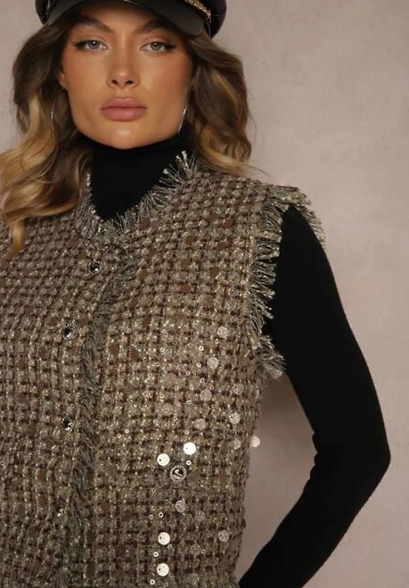 Zielono-Złota Kamizelka Garniturowa z Wełną Frędzlami i Cekinami Lesaltia