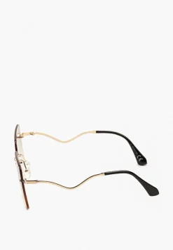 Zielono-Złote Okulary Przeciwsłoneczne z Ozdobnie Wygiętymi Oprawkami Cevuna