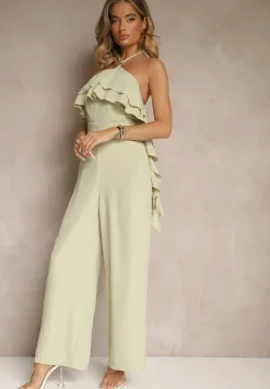 Zielony Asymetryczny Kombinezon Ozdobiony Metaliczną Aplikacją Tilfina