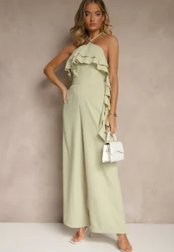 Zielony Asymetryczny Kombinezon Ozdobiony Metaliczną Aplikacją Tilfina