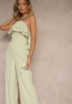 Zielony Asymetryczny Kombinezon Ozdobiony Metaliczną Aplikacją Tilfina