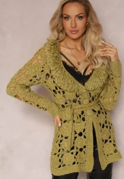 Zielony Ażurowy Kardigan z Wiązanym Paskiem Petrame