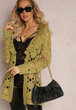Zielony Ażurowy Kardigan z Wiązanym Paskiem Petrame