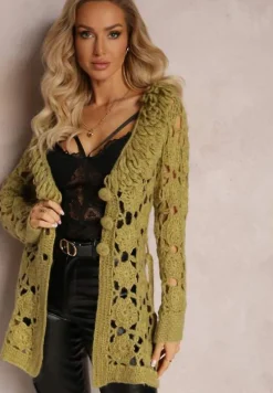 Zielony Ażurowy Kardigan z Wiązanym Paskiem Petrame