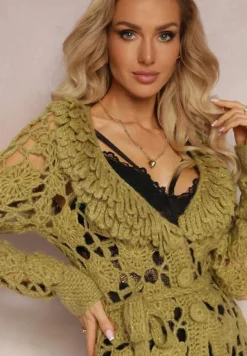 Zielony Ażurowy Kardigan z Wiązanym Paskiem Petrame