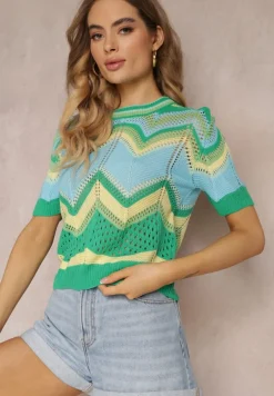 Zielony Ażurowy Sweter z Okrągłym Dekoltem i Krótkim Rękawem Veisna