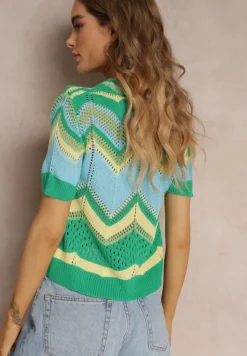 Zielony Ażurowy Sweter z Okrągłym Dekoltem i Krótkim Rękawem Veisna