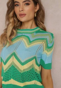 Zielony Ażurowy Sweter z Okrągłym Dekoltem i Krótkim Rękawem Veisna
