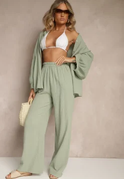 Zielony Bawełniany Komplet Muślinowy Oversize z Koszulą i Szerokimi Spodniami Ziorina