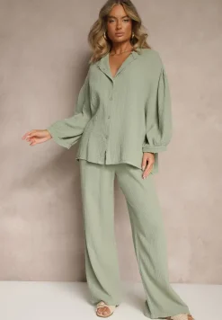 Zielony Bawełniany Komplet Muślinowy Oversize z Koszulą i Szerokimi Spodniami Ziorina