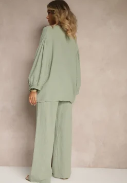 Zielony Bawełniany Komplet Muślinowy Oversize z Koszulą i Szerokimi Spodniami Ziorina