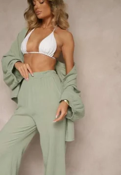 Zielony Bawełniany Komplet Muślinowy Oversize z Koszulą i Szerokimi Spodniami Ziorina