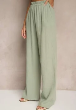 Zielony Bawełniany Komplet Muślinowy Oversize z Koszulą i Szerokimi Spodniami Ziorina