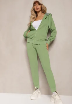 Zielony Casualowy Komplet Dresowy z Domieszką Bawełny Bluza z Kapturem i Spodnie Joggery Sineva