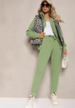 Zielony Casualowy Komplet Dresowy z Domieszką Bawełny Bluza z Kapturem i Spodnie Joggery Sineva