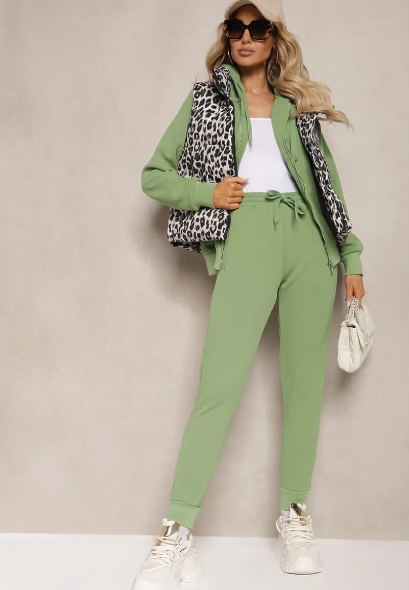 Zielony Casualowy Komplet Dresowy z Domieszką Bawełny Bluza z Kapturem i Spodnie Joggery Sineva