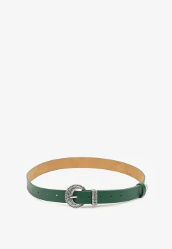 Zielony Casualowy Pasek Ozdobiony Metaliczną Klamrą z Cyrkoniami Nelasia