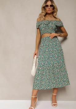Zielony 2-częściowy Komplet Bawełniany z Topem i Długą Spódnicą w Kwiaty Agnda
