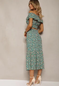 Zielony 2-częściowy Komplet Bawełniany z Topem i Długą Spódnicą w Kwiaty Agnda