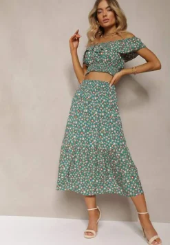 Zielony 2-częściowy Komplet Bawełniany z Topem i Długą Spódnicą w Kwiaty Agnda