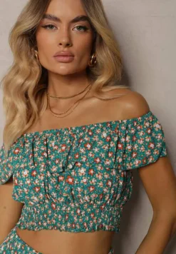 Zielony 2-częściowy Komplet Bawełniany z Topem i Długą Spódnicą w Kwiaty Agnda