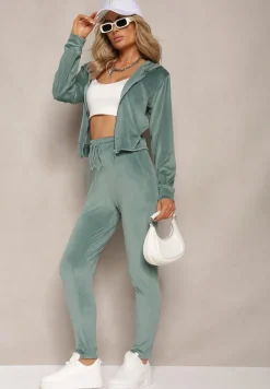 Zielony 2-Częściowy Komplet Dresowy z Weluru o Krótszym Fasonie z Cyrkoniami Bluza i Spodnie Arilif