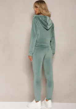 Zielony 2-Częściowy Komplet Dresowy z Weluru o Krótszym Fasonie z Cyrkoniami Bluza i Spodnie Arilif