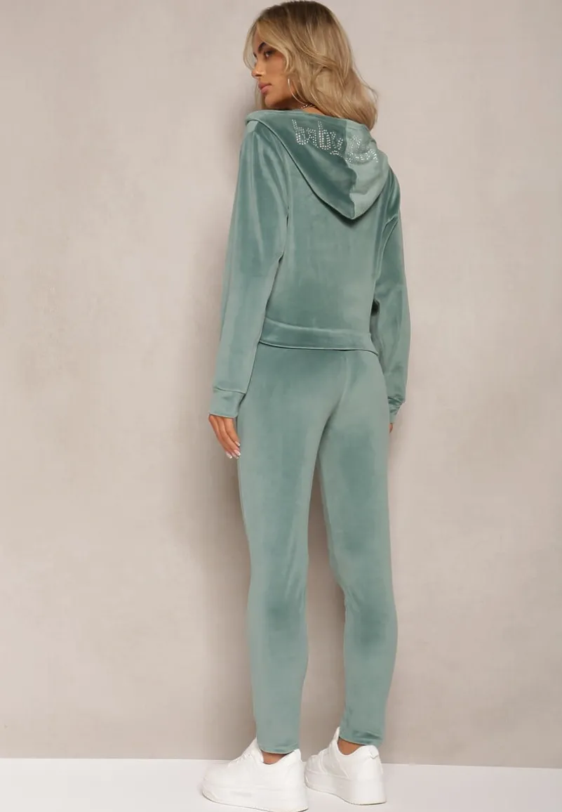 Zielony 2-Częściowy Komplet Dresowy z Weluru o Krótszym Fasonie z Cyrkoniami Bluza i Spodnie Arilif