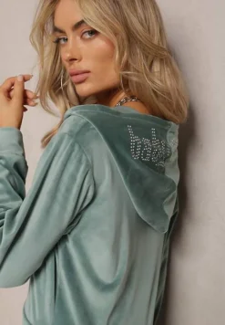 Zielony 2-Częściowy Komplet Dresowy z Weluru o Krótszym Fasonie z Cyrkoniami Bluza i Spodnie Arilif