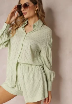 Zielony 2-częściowy Komplet z Elegancką Koszulą Oversize i Szortami Aphinthe