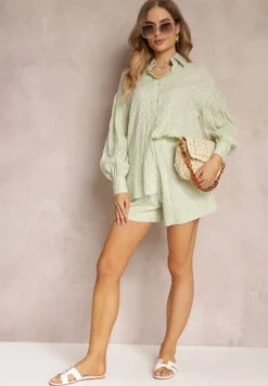 Zielony 2-częściowy Komplet z Elegancką Koszulą Oversize i Szortami Aphinthe
