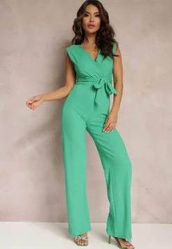 Zielony Długi Kombinezon Wiązany w Pasie z Guzikami Na Ramionach Amile