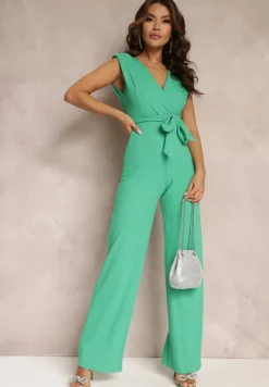 Zielony Długi Kombinezon Wiązany w Pasie z Guzikami Na Ramionach Amile